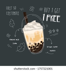 Bubble tea cup design collection,Pearl milk tea , Yummy drinks, coffees and soft drinks with doodle style banner . - Vector
