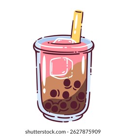 Bubble tea cup doodle with pink and brown layers, ice cubes, and black tapioca pearls. Hand drawn cartoon bubble tea cup with yellow straw. Vector illustration of milk drink for stickers and cafe