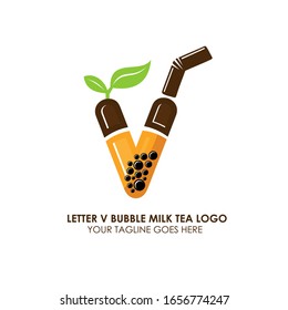 Bubble Tea Cup Drink or Milk Cocktail Logo with Initial V. Glass of Drink with Tubule and Straw. Pearl Milk Tea Label. Popular Asian Drink. Can be used for Café and Restaurant Logo. Boba. Taiwan Drink