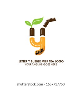 Bubble Tea Cup Drink or Milk Cocktail Logo with Initial Y. Glass of Drink with Tubule and Straw. Pearl Milk Tea Label. Popular Asian Drink. Can be used for Café and Restaurant Logo. Boba. Taiwan Drink
