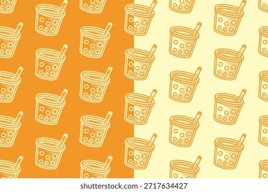 Taza de té de la burbuja que graba el modelo inconsútil en el fondo amarillo beige fijado para los cafés culinarios y. Té de leche con perlas de tapioca que eclosionan el fondo del patrón. Té de leche helada con perlas doodle Vector motivo