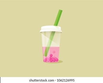 Bubble tea in a cup. Flat style vector illustration. Pink liquid. 