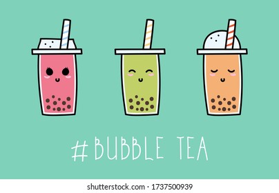 Bubble tea cup set. Cute Taiwan boba milk and juice tea icons. Can be used for poster, greeting card, menu, web, coffee shop banner. Pearl milk tea in hand drawn style. Nai cha drink doodle vector.