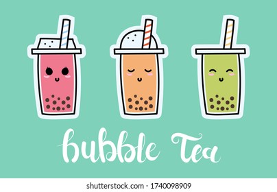 Bubble tea cup set with lettering. Cute Asian boba milk and juice tea icons. Can be used for poster, logo, web, coffee shop banner. Pearl milk tea in hand drawn style. Nai cha drink doodle vector.