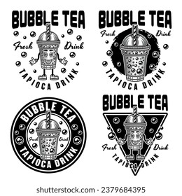 Bubble tea cup set of vector emblems, badges, labels or prints in black style isolated on white background. Hand drawn. Not AI generated