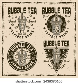 Bubble tea cup set of vector vintage emblems, labels, badges on background with removable grunge textures on separate layers