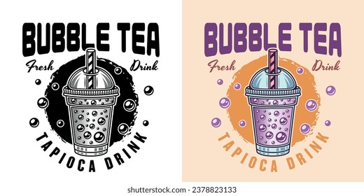 Bubble tea cup vector emblem in two styles black on white background and colorful. Hand drawn. Not AI generated