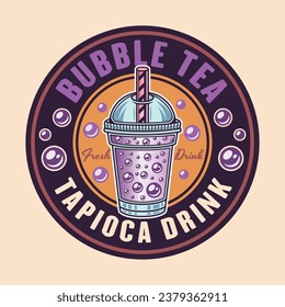 Bubble tea cup vector emblem in colored style on light background. Hand drawn. Not AI generated
