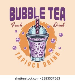 Bubble tea cup vector emblem in colored style on light background. Hand drawn. Not AI generated