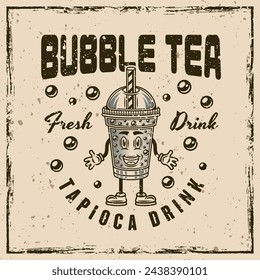 Bubble tea cup vector vintage emblem, label, badge on background with removable grunge textures on separate layers