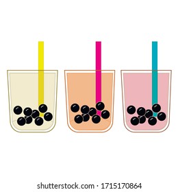 Bubble tea cups drawing set. Boba tea drinks illustration