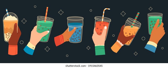 Bubble tea cups in hands. Sweet boba tea, hand holding bubble tea, popular taiwanese drink vector illustration set. Drink bubble tea, beverage ice in hand