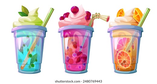 Tazas de té de burbujas conjunto aislado sobre fondo blanco. Ilustración de dibujos animados de Vector de bebidas frescas boba con menta fresca, cereza, naranja, decorado con crema batida, fruta y paja, iconos de menú de café