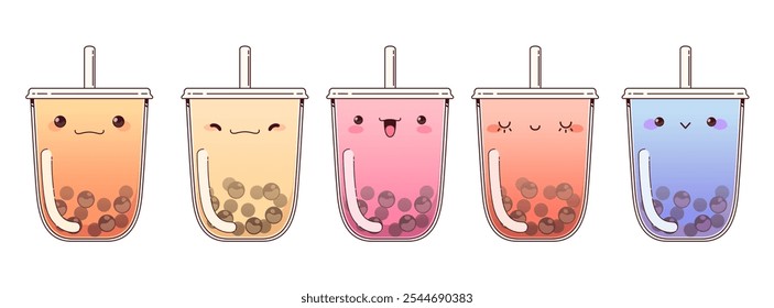 Bubble tea cups set isolated on white background. Contemporary vector cartoon illustration of kawaii style drink with chewy balls, beverage mascot with cute smile and eyes, cafe or bar menu icon