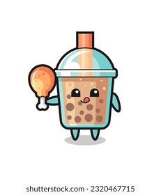 bubble tea cute mascot is eating a fried chicken , cute style design for t shirt, sticker, logo element