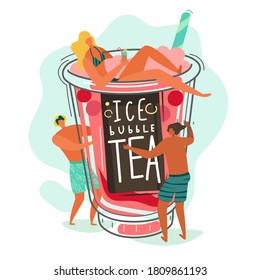 Bubble tea. Cute small people characters and bubble milk tea cup, milkshake popular asian drink with brown tapioca balls, famous summer liquid dessert in plastic glass vector flat cartoon concept