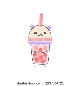 Bubble tea cute smile. Hand drawn cartoon doodle kawaii milk shake character. Childish illustration in a simple naive style. Vector isolate on white background. Perfect for printing