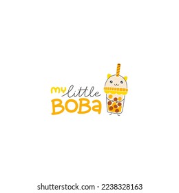 Bubble tea cute smile. Postcard with lettering. My little Boba. Hand drawn cartoon doodle kawaii milk shake character. Childish illustration in a simple naive style. Vector isolate