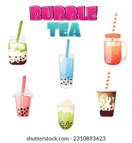 Bubble tea in different container set. Popular asian boba soft drink.