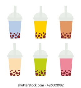 Bubble Tea with different fruits and berries. Milk Cocktails in plastic cup, tubule. Different sorts of Bubble Tea Cocktails. pastel colors on white background. Vector