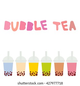 Bubble Tea with different fruits and berries. Milk Cocktails in plastic cup, tubule. Different sorts of Bubble Tea Cocktails. pastel colors isolated on white background. Vector