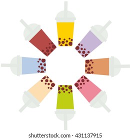 Bubble Tea with different fruits and berries. Round frame Milk Cocktails in plastic cup, tubule. Different sorts of Bubble Tea Cocktails. pastel colors isolated on white background. Vector