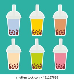 Bubble Tea with different fruits and berries. Milk Cocktails in plastic cup, tubule. Different sorts of Bubble Tea Cocktails. pastel colors on turquoise background. Vector