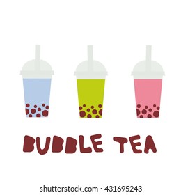 Bubble Tea with different fruits and berries. Milk Cocktails in plastic cup, tubule. Different sorts of Bubble Tea Cocktails. pastel colors isolated on white background. Vector