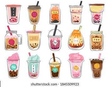 Bubble tea doodles. Dessert asian drinks in plastic cups delicious cold mocha freshness tea vector illustrations set