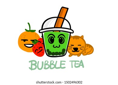 Bubble tea drawing with fruits and cat, kawaii cartoon style suitable for logo or mascot of advertisement branding. editable freehand vector illustration with layers