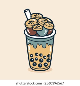 Bubble tea drink with banana toping illustration