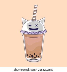 Bubble tea drink. cold tea with milk, delicious drink, cute cup packaging. Premium Vector