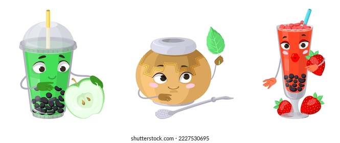 Bubble tea drink cute emoji vector set. Fruit drink cocktail emoticon illustration. Apple, strawberry and mint beverage sticker icon isolated on white background. Funny faces mascot