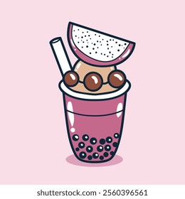 Bubble tea drink with dragon fruit toping illustration