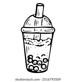 Bubble tea drink hand drawn doodle. Cocktail with tapioca balls, syrup, boba. Plastic cup with straw. Sweet sugar water. Chilled street drink. Fast food. Vector sketch line art illustration.