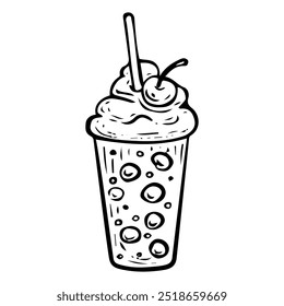 Bubble tea drink hand drawn doodle. Cocktail with tapioca balls, syrup, cream cherry. Plastic cup with straw. Sweet sugar water. Chilled street drink. Fast food. Vector sketch line art illustration.