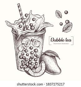 Bubble tea. Drink with ice and tapioca. Coconut, mango, mint. Vector Hand Drawn. Sketch Botanical Illustration. Eco healthy food. 