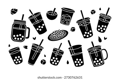 Bubble Tea Drink Icons, süßes Boba Cup Outline Set, Milk Tea Doodle Vektorkunst.