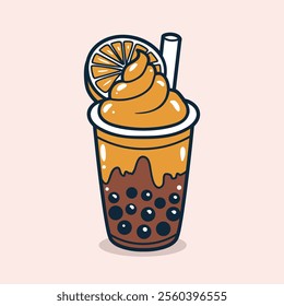 Bubble tea drink with orange toping illustration