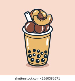 Bubble tea drink with peach toping illustration