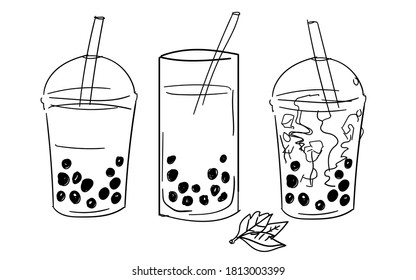Bubble tea drink in plastic cup straw sketches hand drawing isolated white background hand drawn style