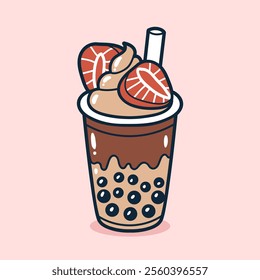 Bubble tea drink with strawberry toping illustration