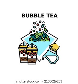Concepto de icono del vector de bebidas de té con burbujas. Deliciosa Bebida De Té De Burbuja Elaborada Con Leche, Bayas E Ingredientes Naturales De Plantas De Hierbas. Ilustración De Color De Bebidas Saludables Y Sabrosas