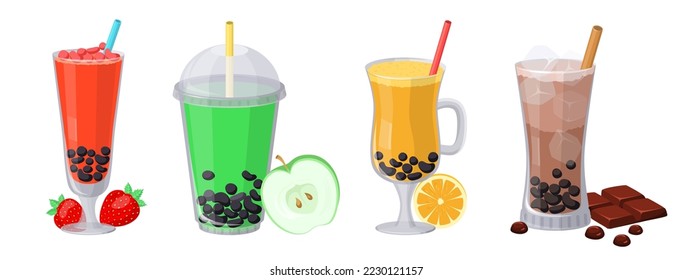 Bubble tea drink vector set. Yummy milk ice beverage with different flavor, milkshake delicious dessert in plastic glass isolated on white background