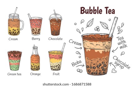 Bubble tea drink. Yummy chocolate menu, smoothie or coffee, milkshake promotion. Doodle iced summer flavoured asian beverage vector poster