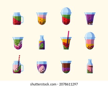 Bubble tea. Drinking liquids beverage cocktails from milk and pearls cold tea garish vector illustrations set in flat style