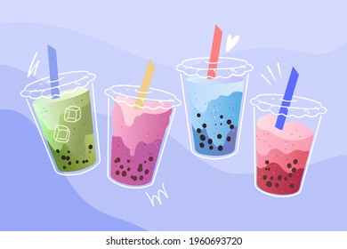 Bubble tea. Drinks in plastic glass - tea, coffee, milk cocktail, milkshake, espresso, latte or juice. Vector illustration.