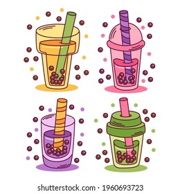 Bubble tea. Drinks in plastic glass - tea, coffee, milk cocktail, milkshake, espresso, latte or juice. Vector illustration.