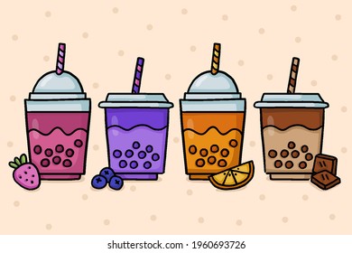 Bubble tea. Drinks in plastic glass - tea, coffee, milk cocktail, milkshake, espresso, latte or juice. Vector illustration.