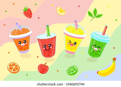 Bubble tea. Drinks in plastic glass - tea, coffee, milk cocktail, milkshake, espresso, latte or juice. Vector illustration.